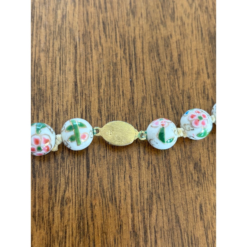 Vintage Hand Painted Porcelain Floral Bead Knotted Necklace Gold Tone Clasp - Picture 4 of 4